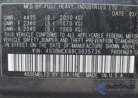 2012 Subaru Legacy 2.5I Limited из США, поврежденный, VIN 4S3BMCK69C3035736